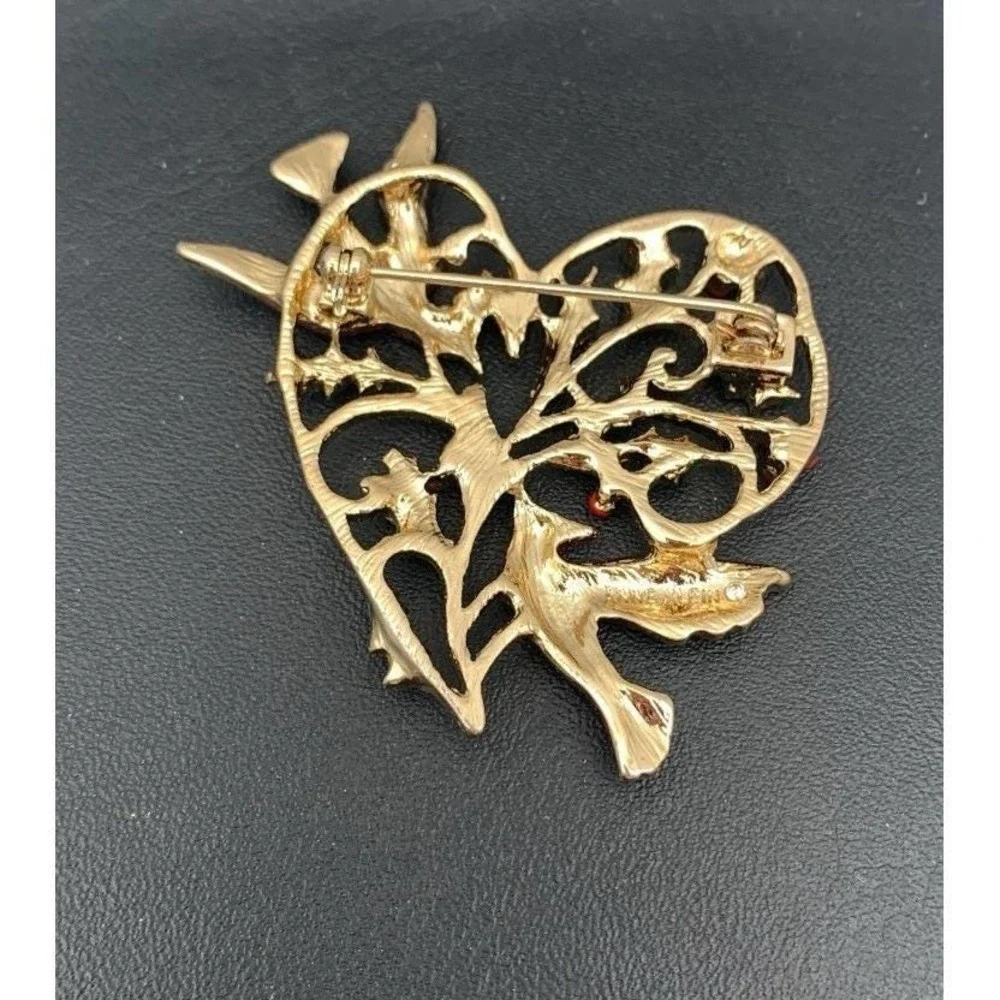 Vintage Anne Klein‎ Gold Tone And Rhinestone Birds Holiday Christmas Brooch